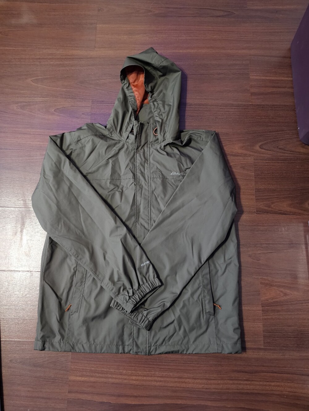Eddie Bauer Olive Hooded Rain Jacket with Orange Lining Size L